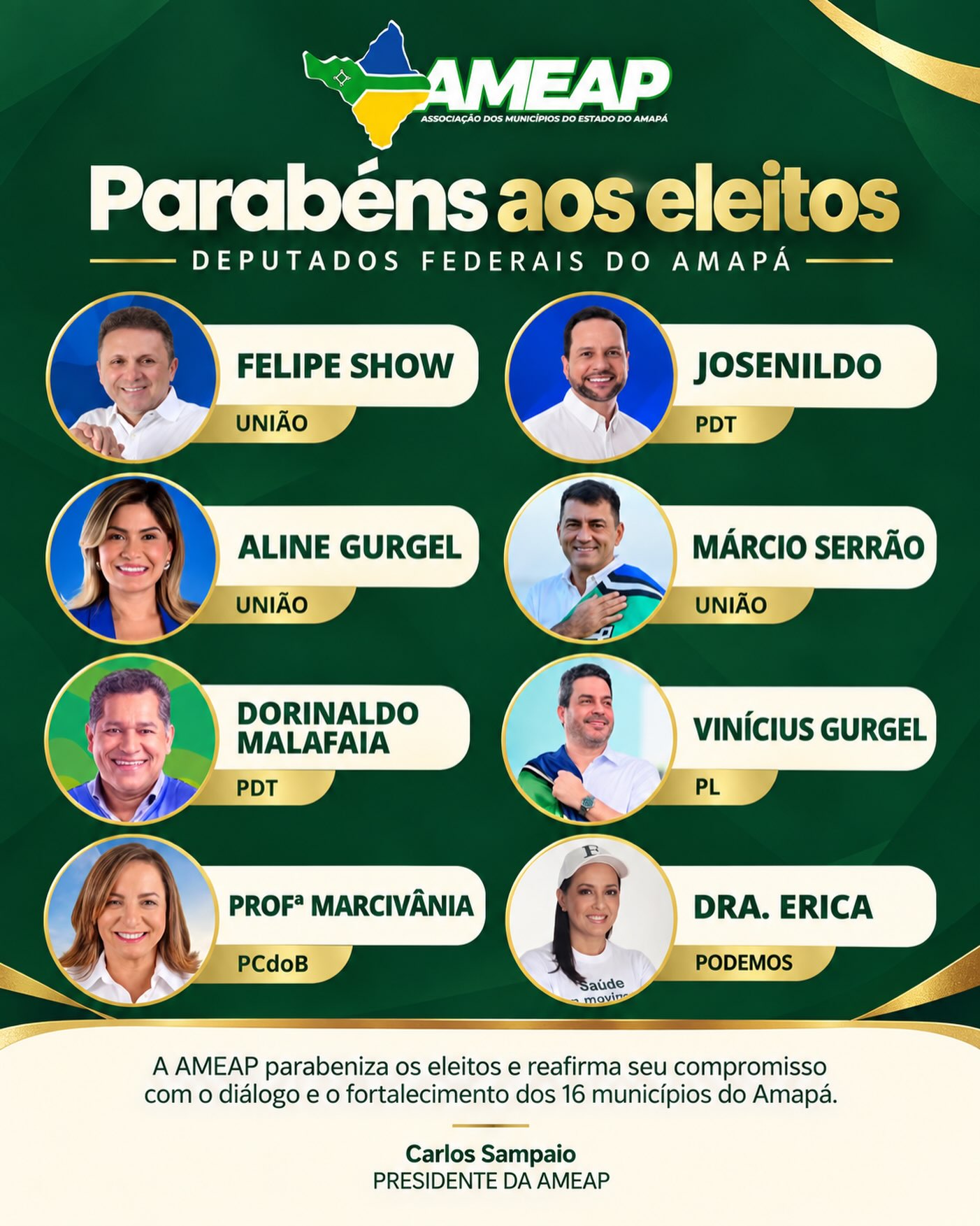 AMEAP parabeniza deputados federais eleitos pelo Amapá e reforça compromisso com a defesa dos municípios